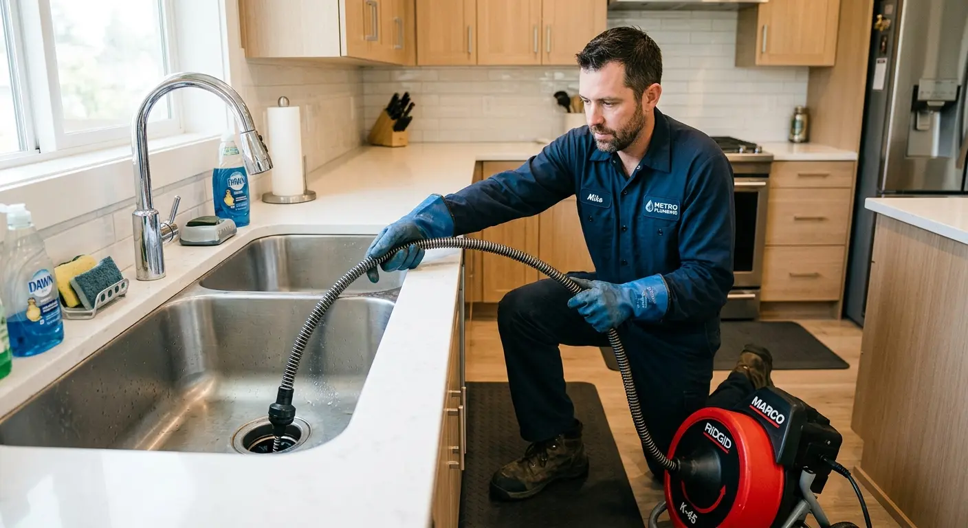 Drain cleaning technician using a motorized snake on a kitchen sink in Andalusia