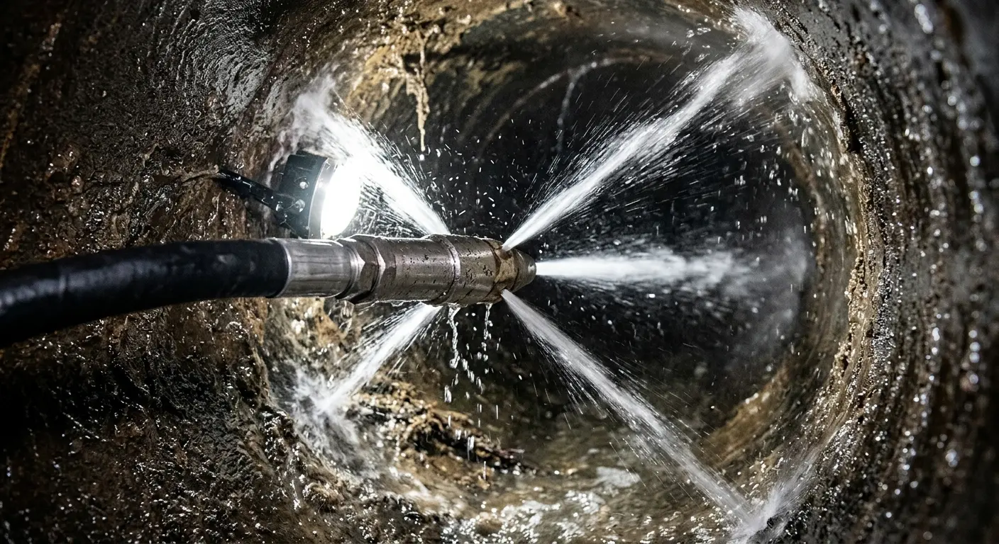 High-pressure hydro jetting nozzle cleaning sewer pipe for Emergency Drain Service in Andalusia