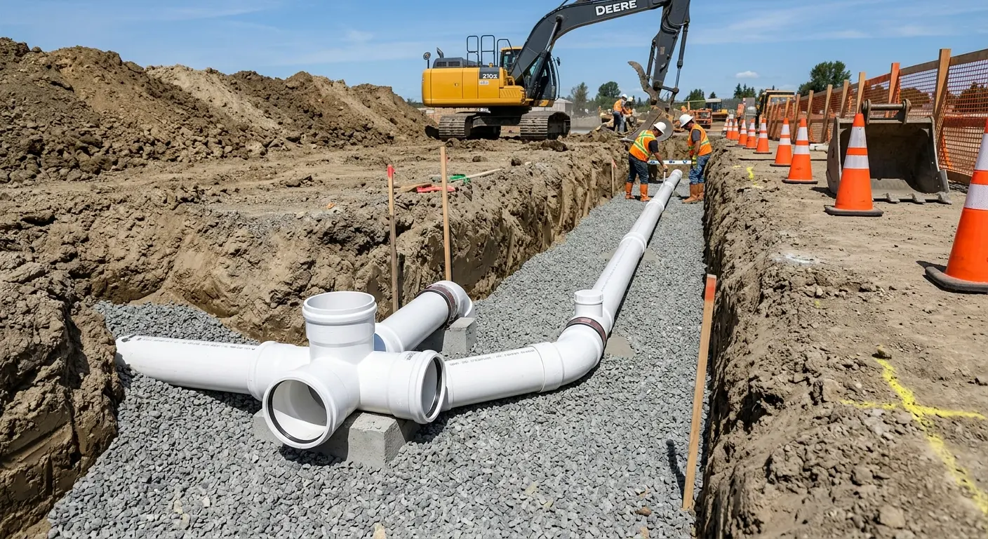 New PVC sewer pipe installation in open trench for Sewer Backup in Andalusia