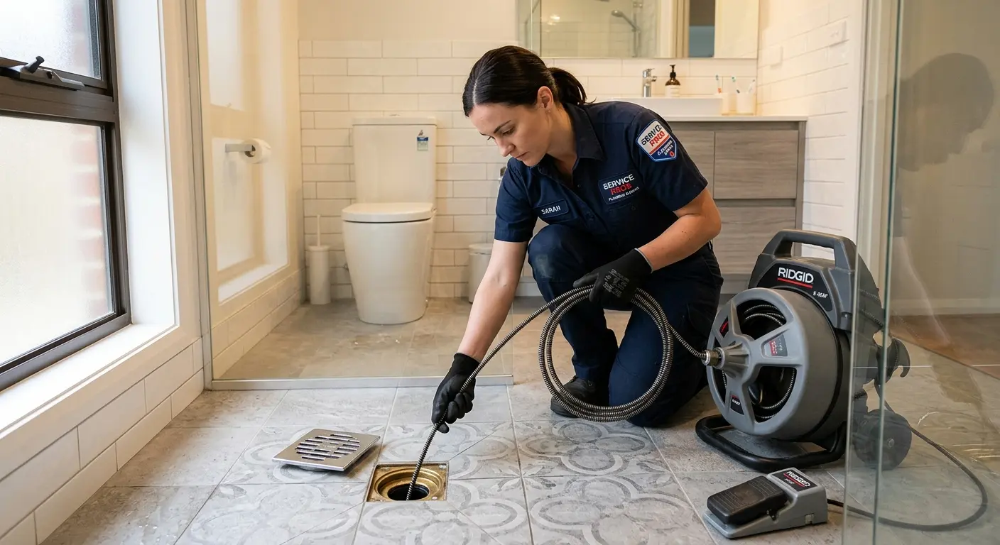 Technician clearing a bathroom floor drain for Hydro Jetting in Andalusia